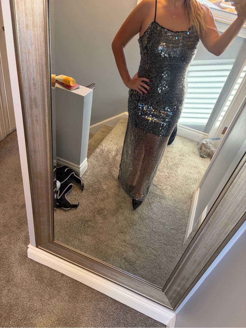 Black Sequin Spaghetti-Strap Maxi Dress